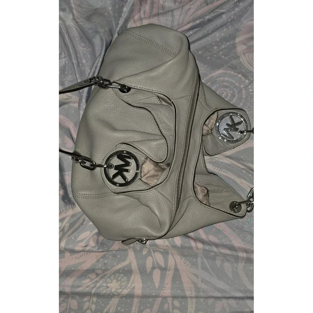 Michael Kors Fulton Hobo Shoulder Bag Gray Pebbled Leather Silver MK Logo Charm
